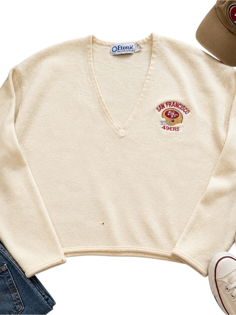 Etonic Vintage San Francisco 49ers Zephyr Wool V-Neck Sweater Cream L *HOLE*